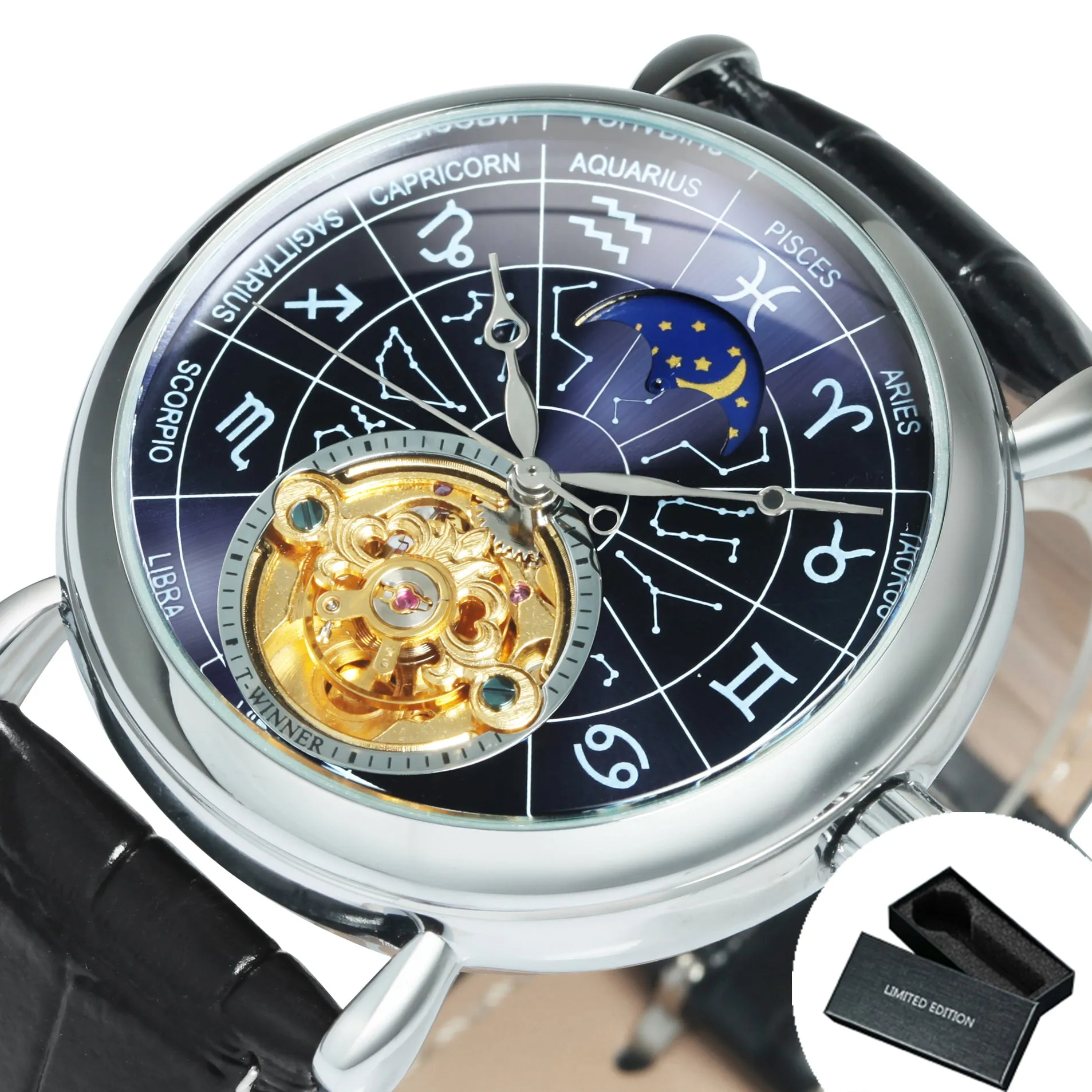 WINNER 12 Zodiac Constellations Astronomical Fashion Automatic Mechanical Watches Luxury Tourbillon Skeleton Business Watch for Men Casual Genuine Leather Belt