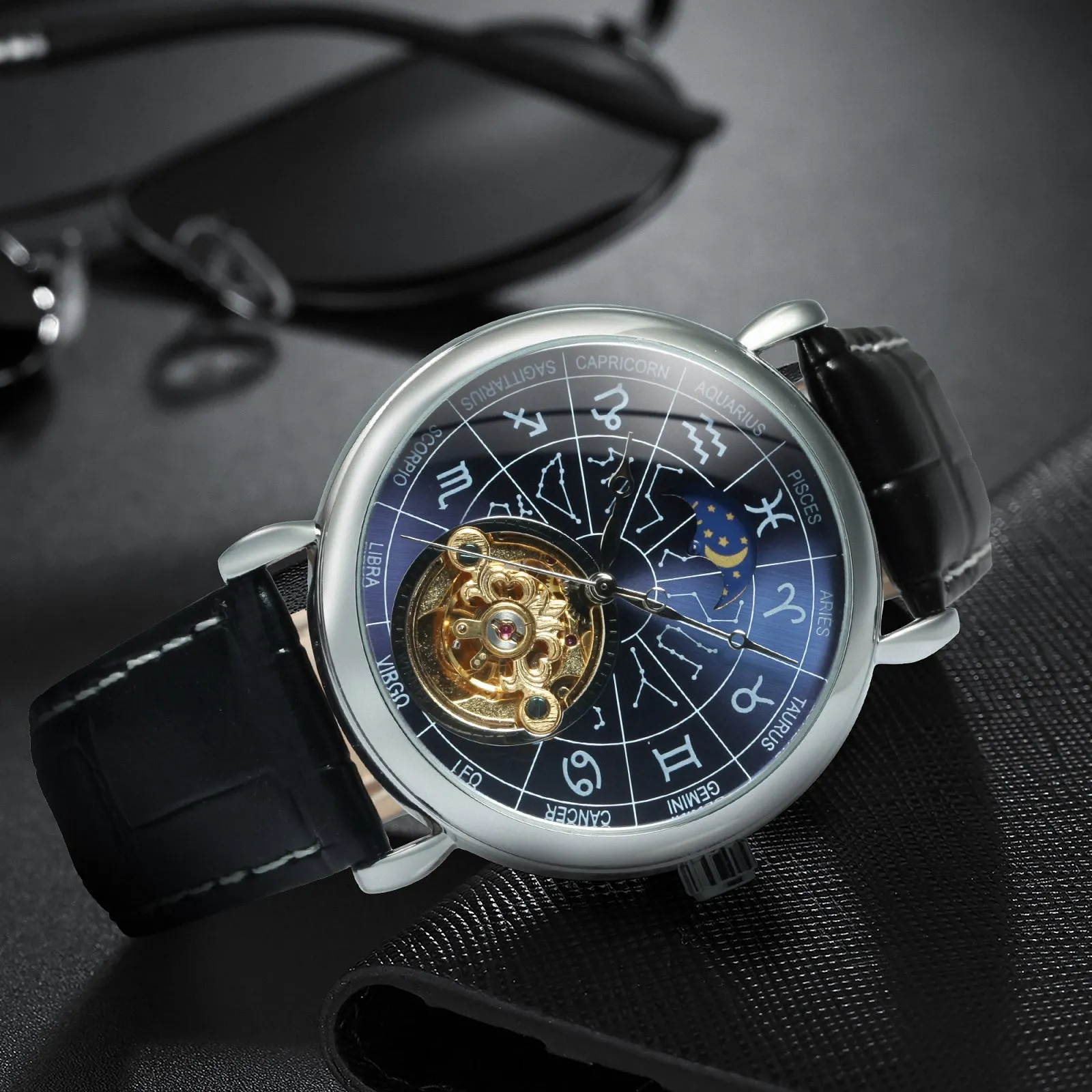 WINNER 12 Zodiac Constellations Astronomical Fashion Automatic Mechanical Watches Luxury Tourbillon Skeleton Business Watch for Men Casual Genuine Leather Belt