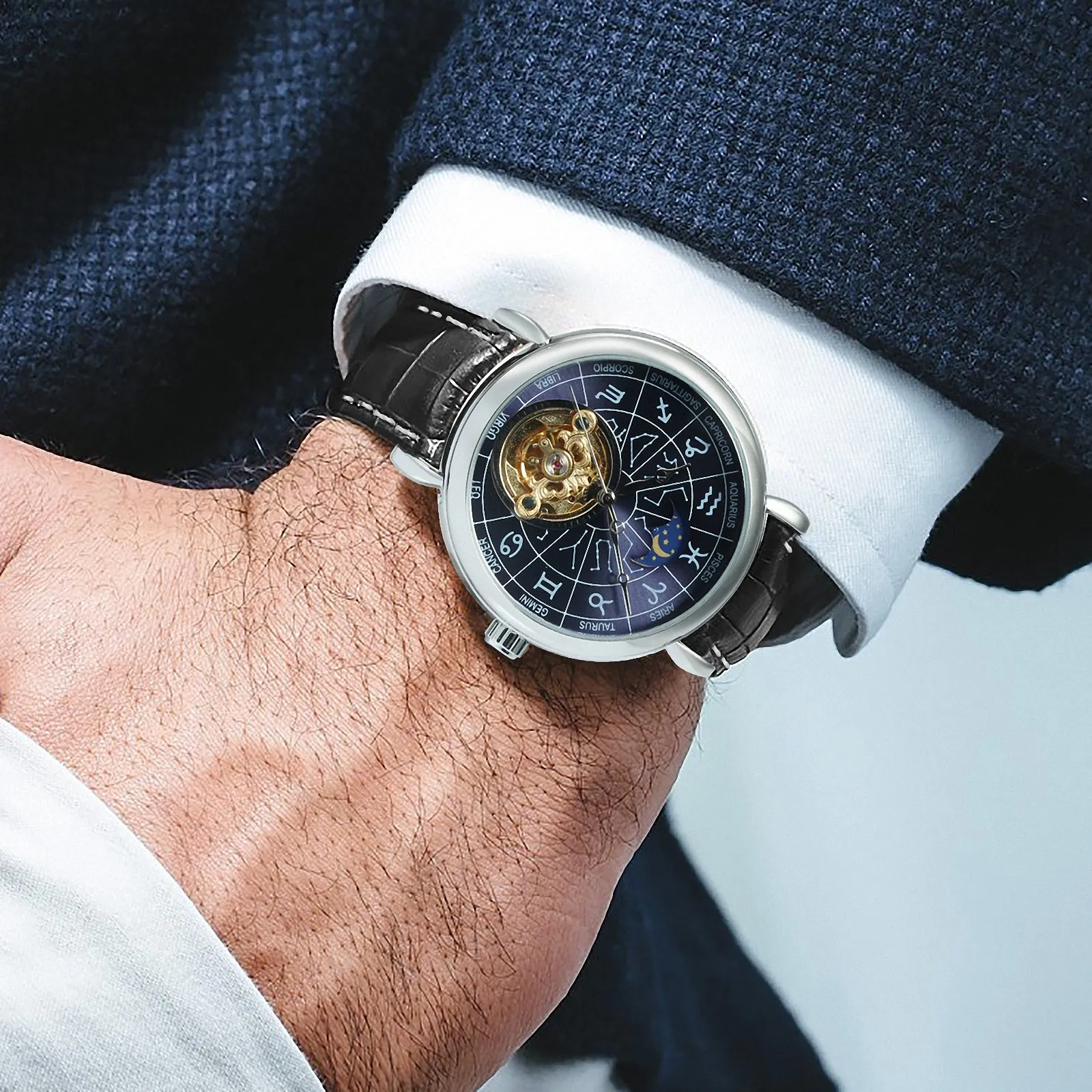 WINNER 12 Zodiac Constellations Astronomical Fashion Automatic Mechanical Watches Luxury Tourbillon Skeleton Business Watch for Men Casual Genuine Leather Belt