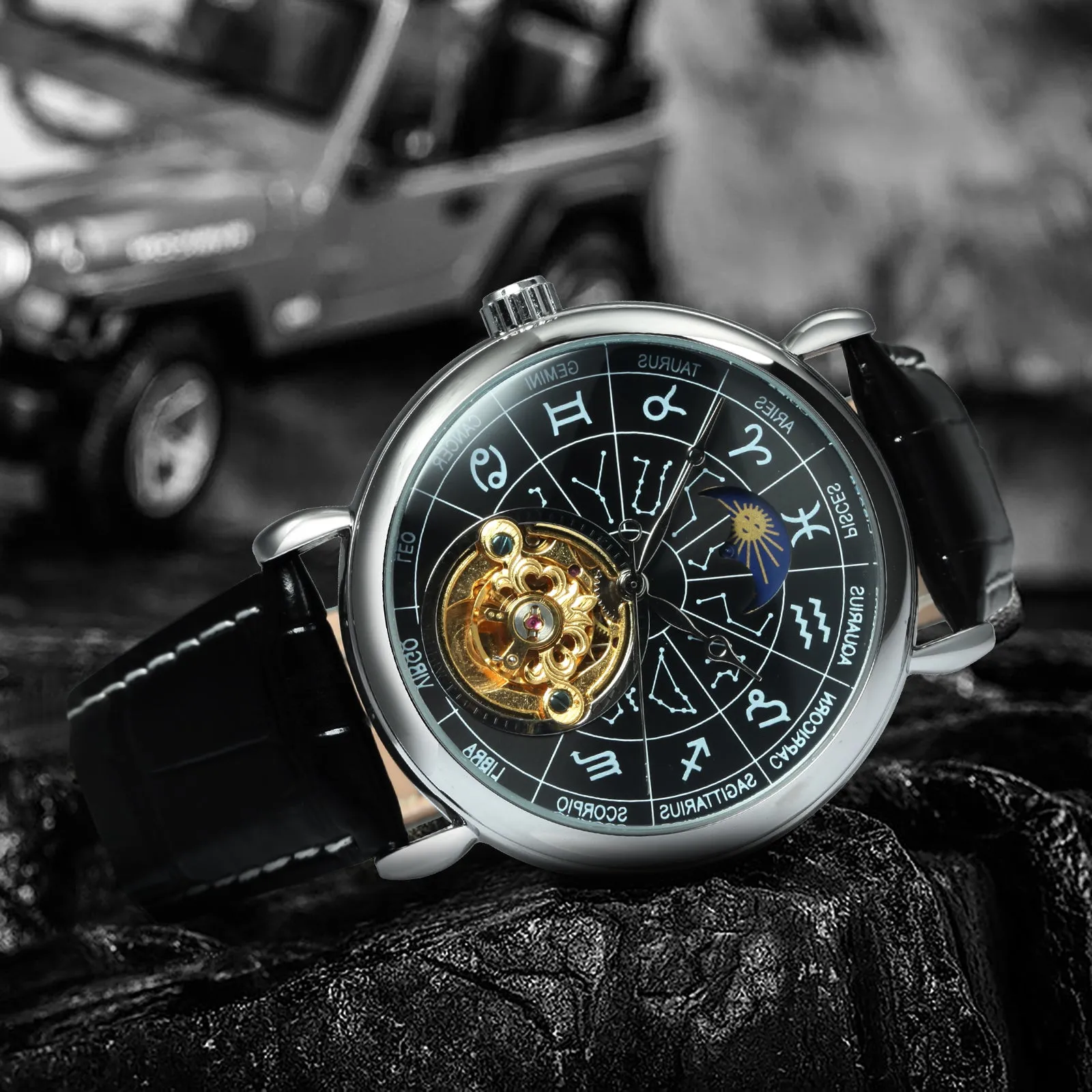 WINNER 12 Zodiac Constellations Astronomical Fashion Automatic Mechanical Watches Luxury Tourbillon Skeleton Business Watch for Men Casual Genuine Leather Belt