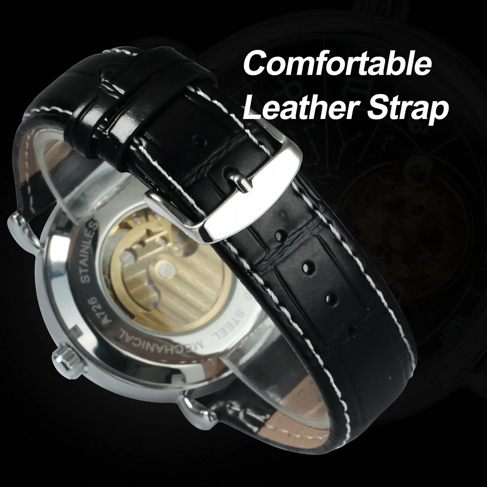 WINNER 12 Zodiac Constellations Astronomical Fashion Automatic Mechanical Watches Luxury Tourbillon Skeleton Business Watch for Men Casual Genuine Leather Belt