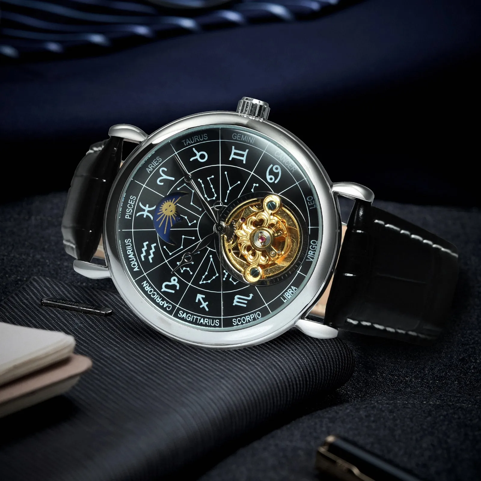WINNER 12 Zodiac Constellations Astronomical Fashion Automatic Mechanical Watches Luxury Tourbillon Skeleton Business Watch for Men Casual Genuine Leather Belt
